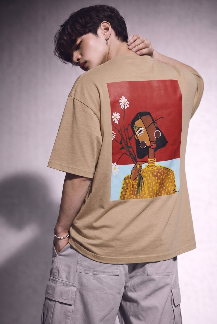 Cool Bee Cubist Bloom Oversize Tee Beige for Men - Beige Oversized Graphic Tee Streetwear India - Detail View