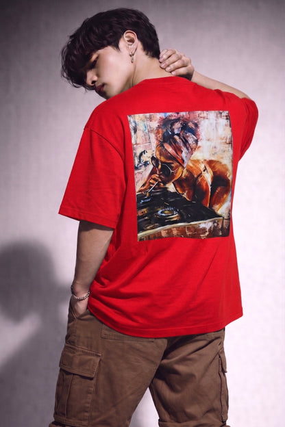 Cool Bee Midnight Muse Tee Red for Men - Red Oversized Graphic Tee Streetwear India - Detail View