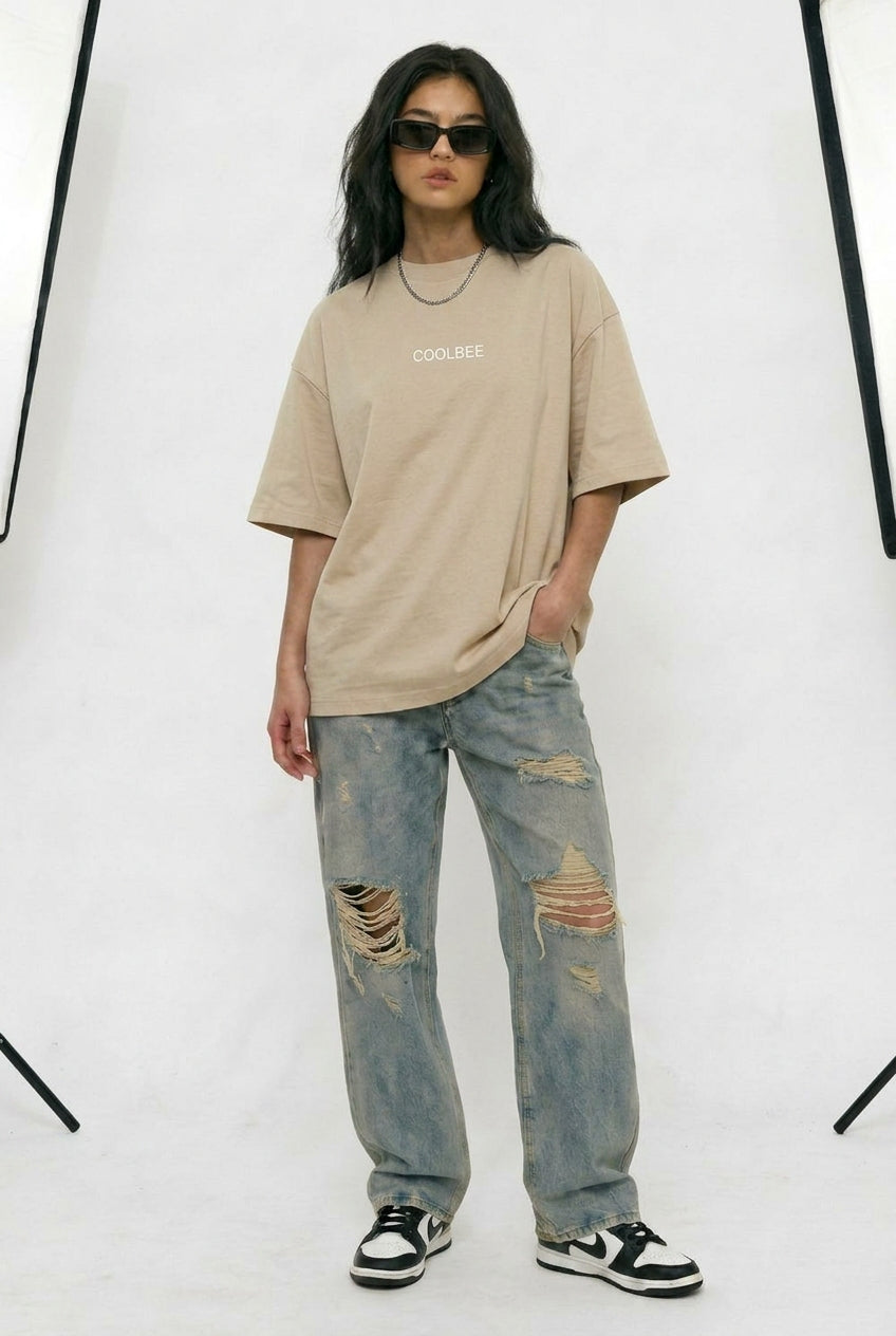 Cool Bee Cubist Bloom Oversize Tee Beige for Women - Oversized Graphic Tee Streetwear India - Lifestyle View