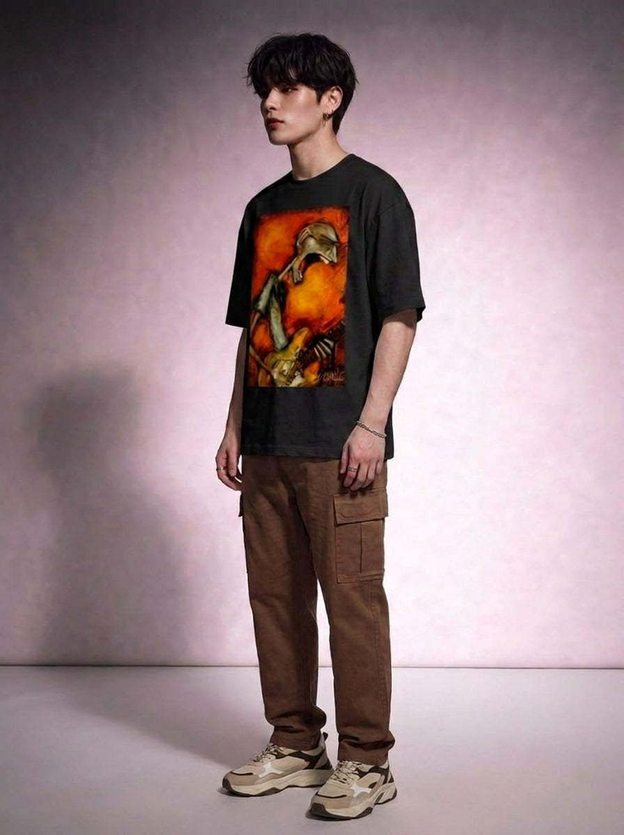 Cool Bee Canvas Chords Tee Black for Men - Black Oversized Graphic Tee Streetwear India - Lifestyle View