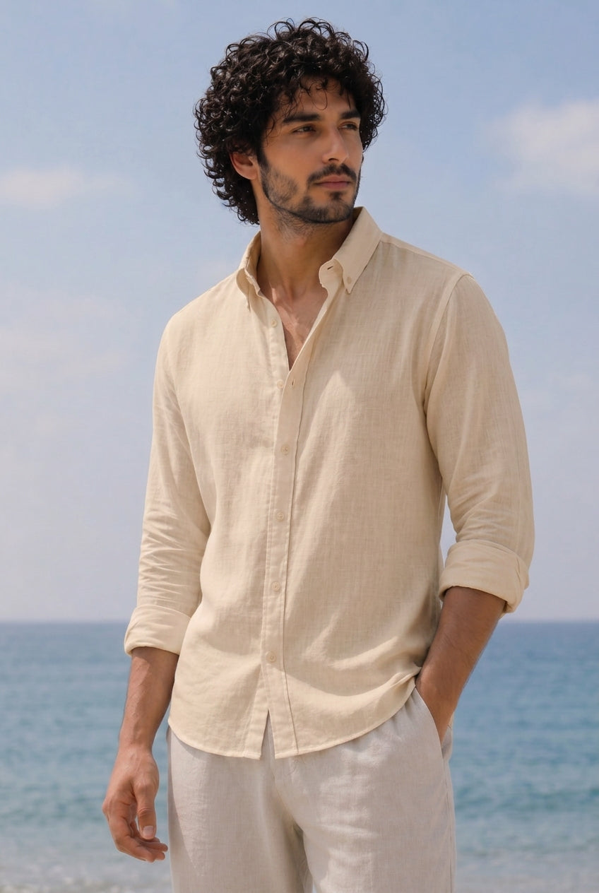 Cool Bee Linen Casual Shirt Beige for Men - Beige Linen Casual Shirt Breathable India - Detail View