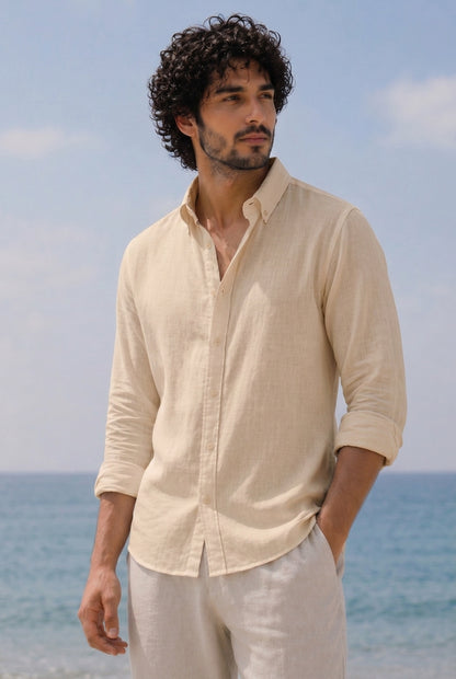 Cool Bee Linen Casual Shirt Beige for Men - Beige Linen Casual Shirt Breathable India - Detail View