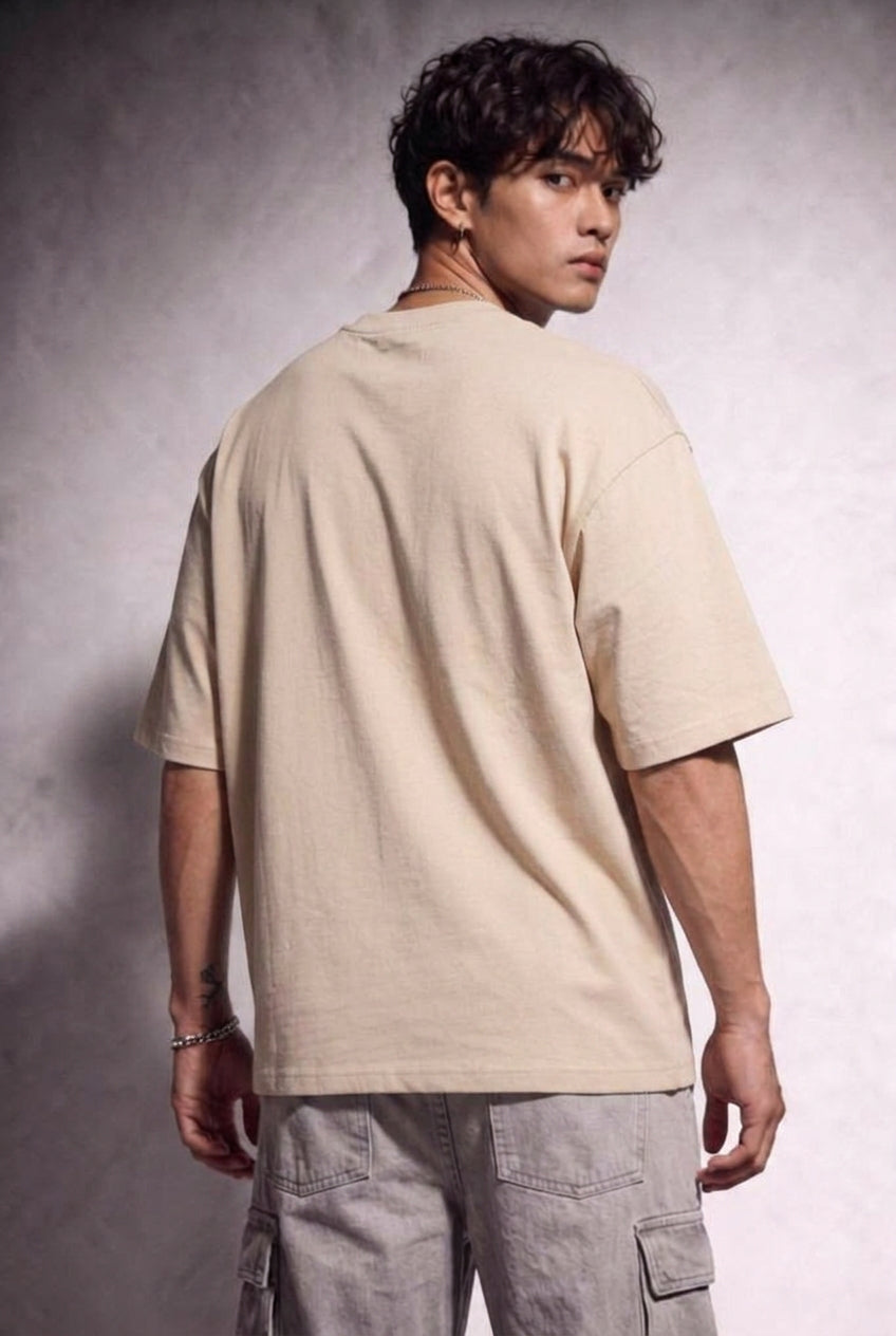 Cool Bee Glitch Portrait Tee Beige for Men - Beige Oversized Graphic Tee Streetwear India - Lifestyle View
