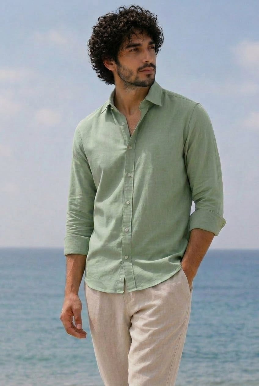 Cool Bee Linen Casual Shirt Sage Green for Men - Linen Casual Shirt Breathable India - Lifestyle View