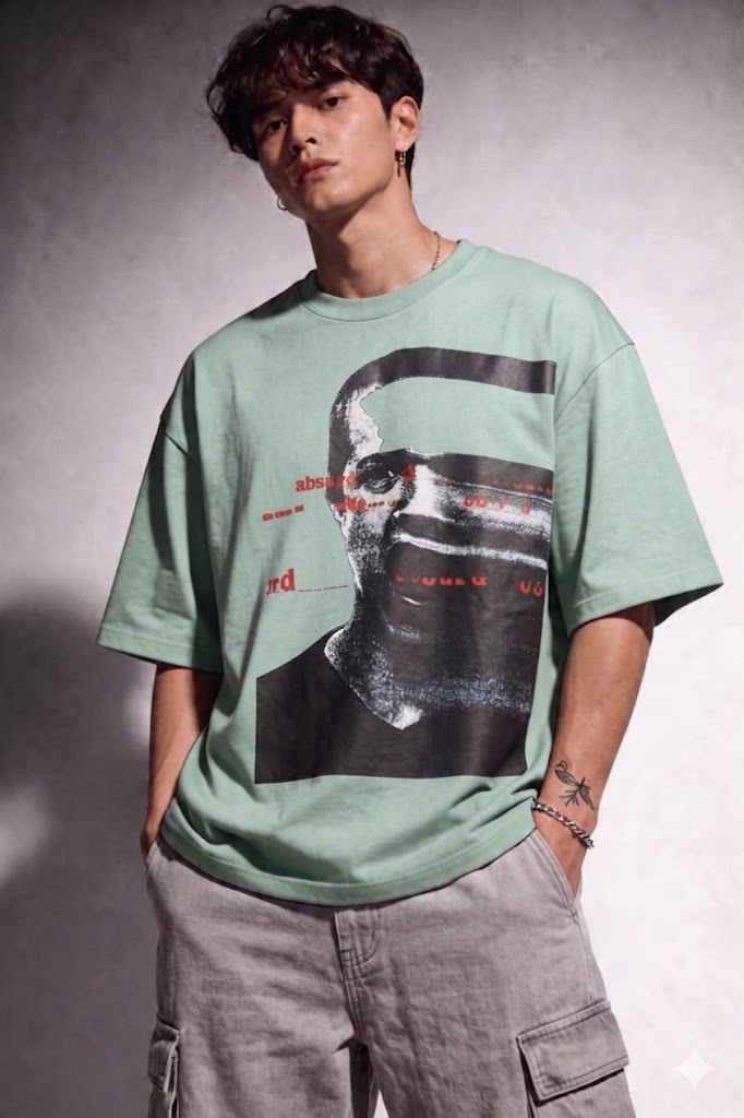 Cool Bee Glitch Portrait Tee Green for Men - Green Oversized Graphic Tee Streetwear India