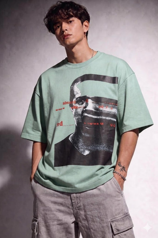 Cool Bee Glitch Portrait Tee Green for Men - Green Oversized Graphic Tee Streetwear India