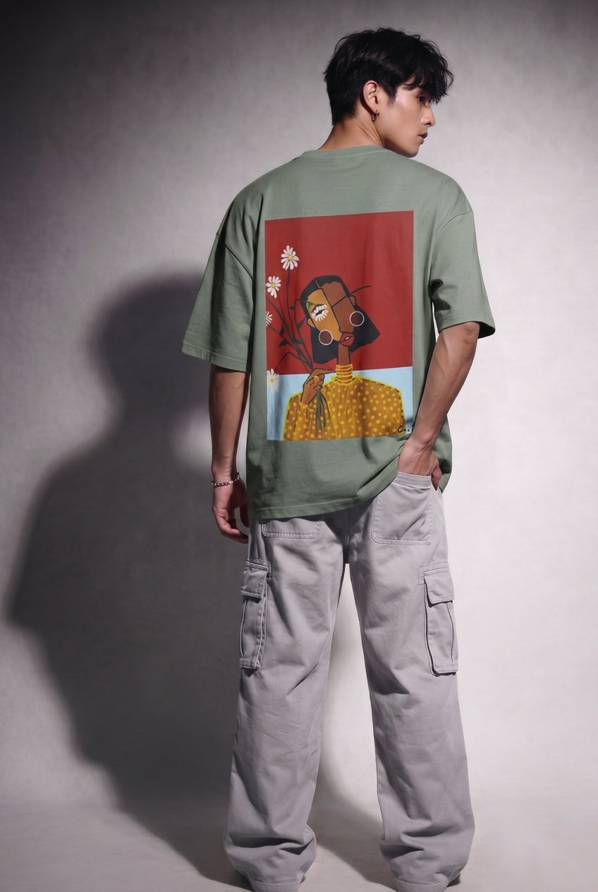 Cool Bee Cubist Bloom Oversize Tee Green for Men - Green Oversized Graphic Tee Streetwear India - Lifestyle View
