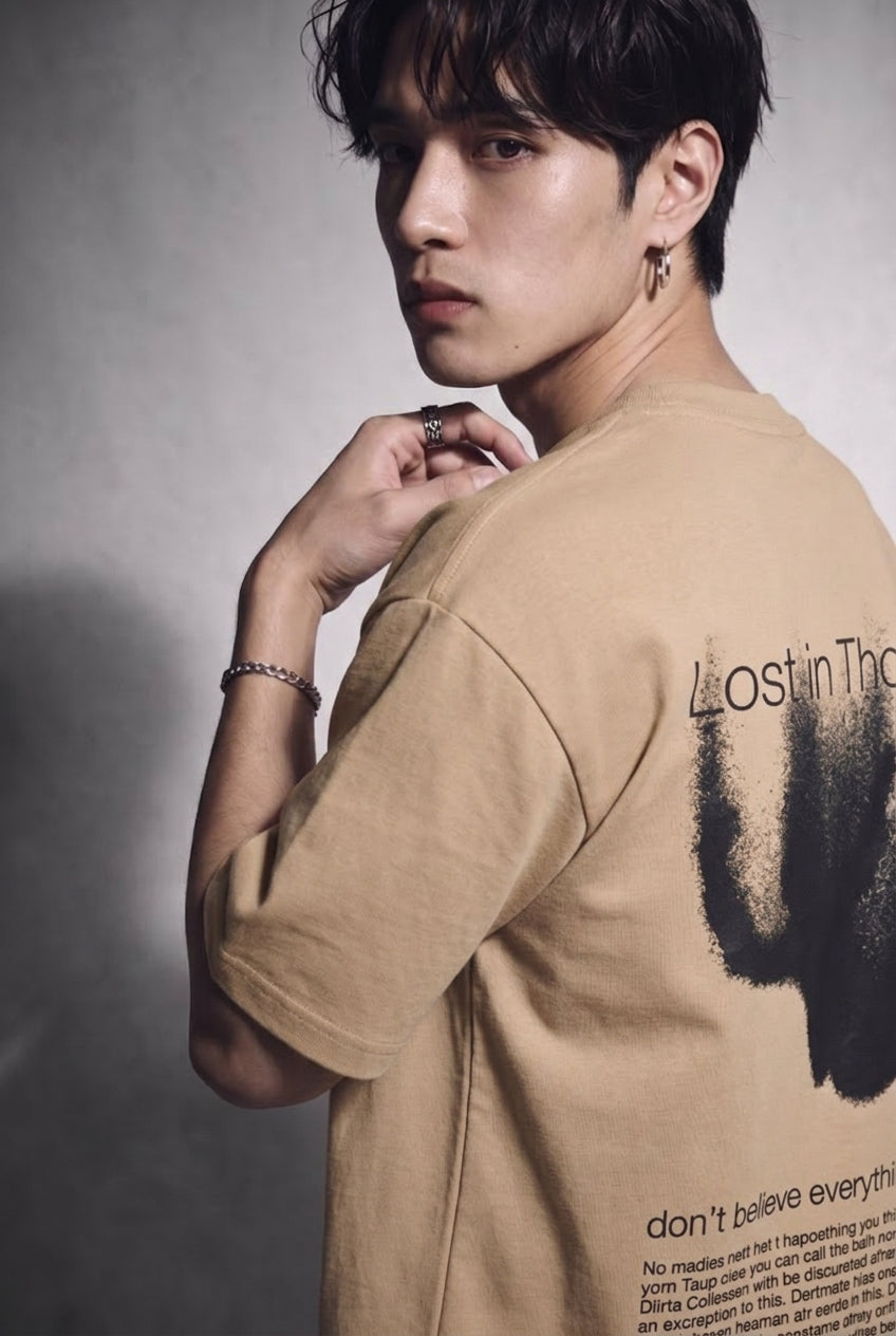 Cool Bee Lost in Thought Tee Beige for Men - Beige Oversized Graphic Tee Streetwear India - Detail View