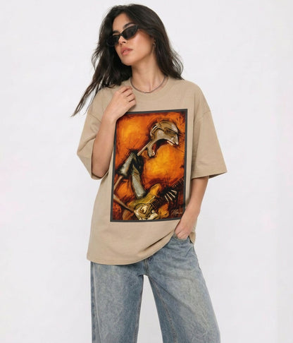 Cool Bee Canvas Chords Tee Beige for Women - Oversized Graphic Tee Streetwear India - Detail View