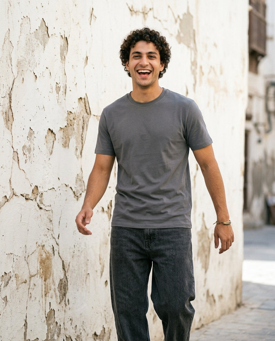 Cool Bee Essential Cotton Crew Neck T-Shirt Stone Gray for Men - Stone Graphic Tee India - Lifestyle View