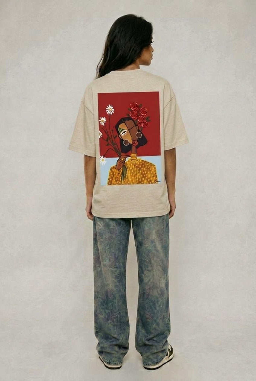 Cool Bee Cubist Bloom Oversize Tee Beige for Women - Oversized Graphic Tee Streetwear India - Lifestyle View