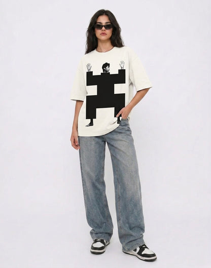Cool Bee Structural Persona Tee White for Women - Oversized Graphic Tee Streetwear India - Lifestyle View