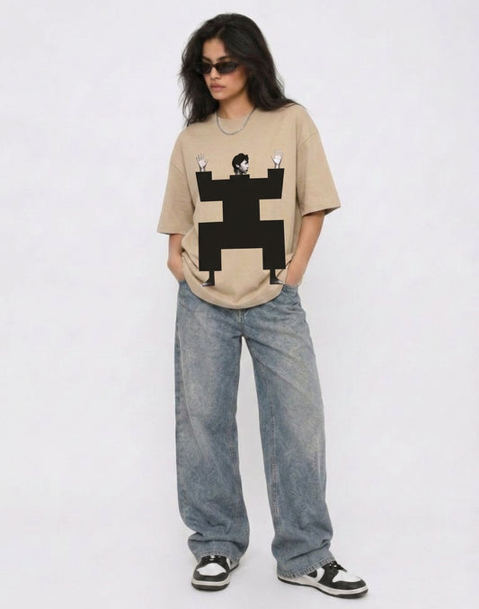 Cool Bee Structural Persona Tee Beige for Women - Oversized Graphic Tee Streetwear India - Back View